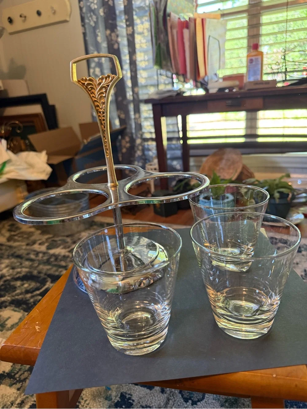 Vintage - MCM Kromex Glass Condiment Server - Gold Handle - chrome Stand